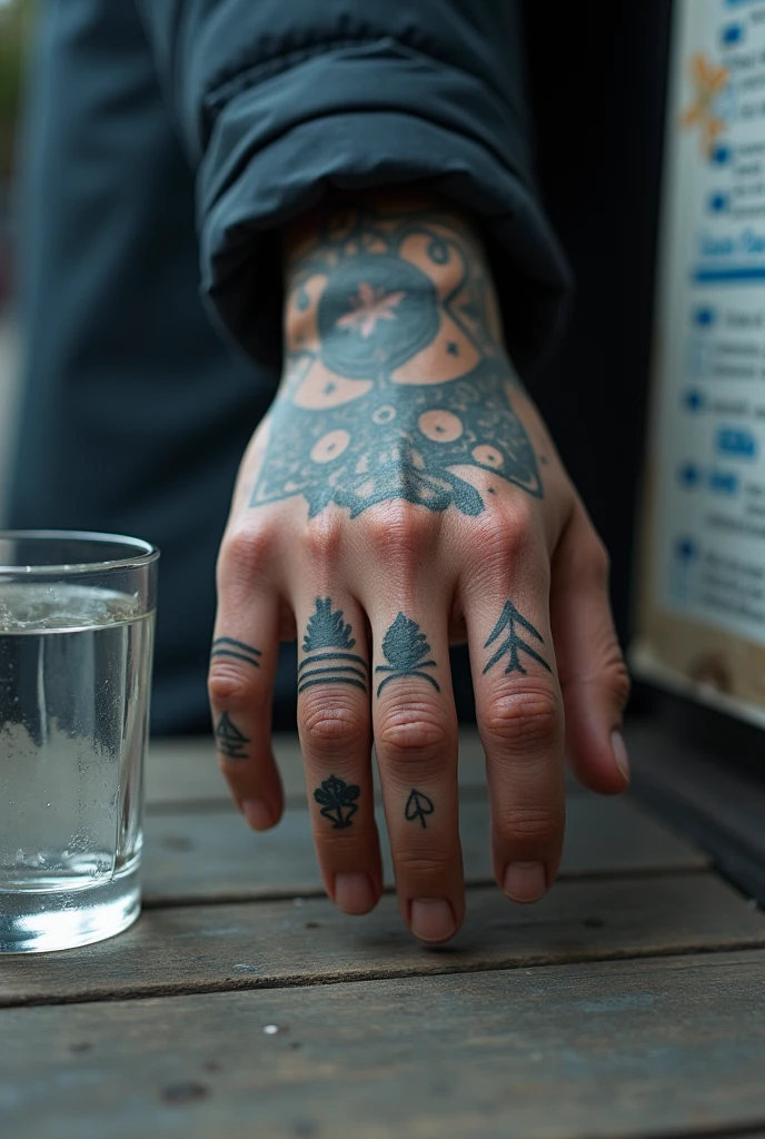 Make me a man turning to the camera, that only his arm is shown, which is covered by the sleeve of his jacket, that has tattoos on his fingers and holds a cigarette