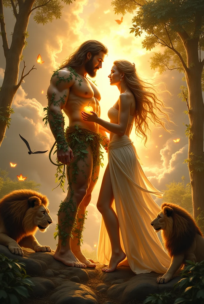 A male Bible character and a female Bible character representing Adam and Eve created in the image of God, detalhes realista, maximum detail. around garden with lots of plants, waterfall flowers and animals.