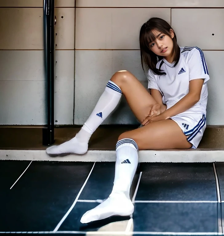 (absurdres, highres, ultra detailed),((masterpiece)), ((best quality:1.1)), High Resolution, 8k,1 girl, 25 year old indian girl, (crotch bulge:1.1), beautiful face, (white crew socks:1.1), (white ribbed socks:1.2), no-show socks, invisible socks, toes under socks, shorts, seamless socks, (puffy :0.8), (from below:1.1),
 blue eyes, looking at viewer, short hair, facial, hand on knee, athlete, seat on staircase steps, hyper realistic, highly detailed, indoors, high resolution, 8K, super lighting