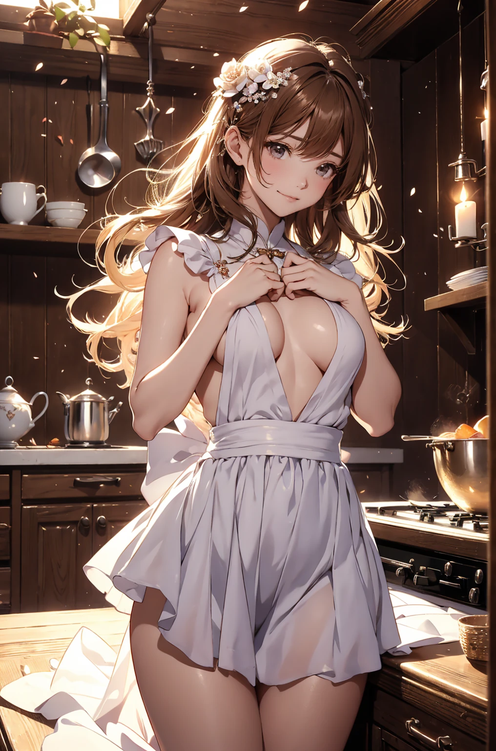 (((Masterpiece))),(((Super Detail))),(((in 8K))),(((best composition))),(((Rim lighting,Fireglow effect,deep shadow))),solo),Beautiful fingers,Detailed finger features,(Detailed hair features:1.7),(Dynamic and sexy bending pose:1.3),((18yo)), (chubbily:1.2), light brown hair, standing one leg, rise another leg, rounded face, hide arms, shirtless, (thigh:1.2), no bra, on the stage, (look at viewer:1), upper body, (with sparkling eyes and a contagious smile), (micro mini panties:1.3), (from below:1.0), (white panties:1.3), (raise one leg 180 degrees:1.3), (standing on another leg:1.3),All breasts out ,cute Cloth ,cute underwear ,Very Tall ,real skin ,little erect breasts ,little and cute Raised crotch ,small breasts ,Red lips ,Tsurime ,Bangs ,Hairs between eyes ,Asymmetrical bangs ,Long bangs ,Voluptuous beauty milf ,Gallant eyebrows ,Attractive mature ,Pointy Nips ,Giant nips ,Pointy breasts ,The woman is 24 yo ,Skin dripping with sweat ,medium breastsBreath steam ,Gleaming skin ,abs ,Skinny ,Tall head ,Blonde hair, Red eyes ,Red Choker ,High heels ,Pin heels ,Long hair ,medium tits ,Small head ,blue eyes ,Smaller iris ,Dark pink hairline ,Pink at the tips of hair ,Lofty (high) nose ,Muscular arms ,Slender arms ,beautiful arm ,beautiful legs ,Muscular legs ,Very thin waist ,Long torso ,Plump thighs (Like those of a Japanese woman) ,Bewitching look ,Broad shoulders ,Height: 187 cm ,Hips are 147cm ,Bust is 100 cm ,8 head fashion figure ,off-shoulder dress, sweater dress, off-shoulder sweater, black sweater suit ,Shiny stockings ,Garter belt ,High-leg shirt ,Wedgie ,Cool expression ,Thin ankle ,Slender and smartly shaped woman ,Muscular shins ,Japanese sword ,Drawing a Japanese sword ,Bushy eyelashes ,Eyeshadow ,Clavicle ,Sternocleidomastoid muscle, on the kitchen