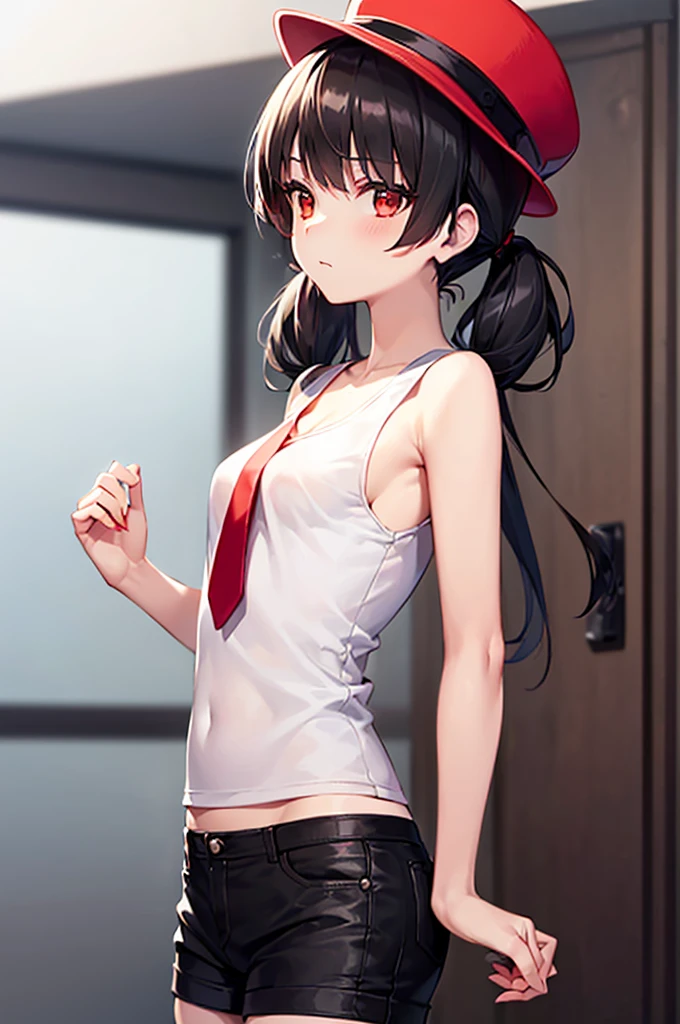 1 girl, teenage, skinny, open lips, cosmetic, black hair, red eyes, classroom, light, glow, thigh, clavicle, (masterpiece), wallpaper, gym shorts