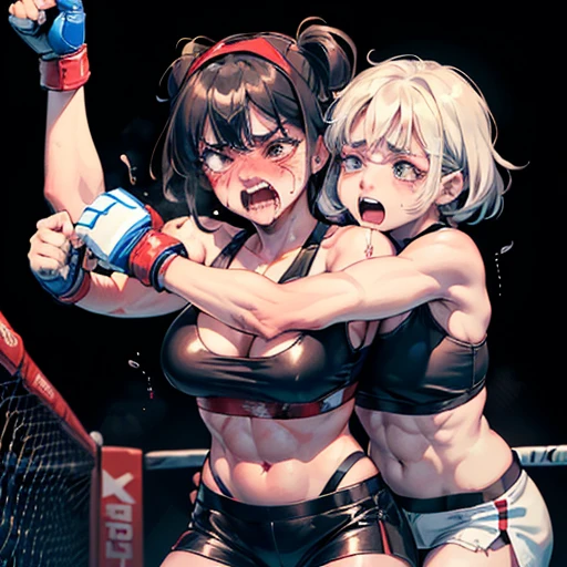 she is being beaten badly by her opponent. Wearing a monokini. Dynamic battle action. her opponent trying to kill her by strong punchs. These women are out of power. Two young and beautiful Japanese female mixed martial artists in a match in the octagon. They are smashing their fists against their opponents' bodies. They are covered in blood. They are out of breath with their mouths open, drooling, one eye closed. She is sweating profusely. Short-cut black hair. Omini-finger gloves. Erect nipples. Small breasts.