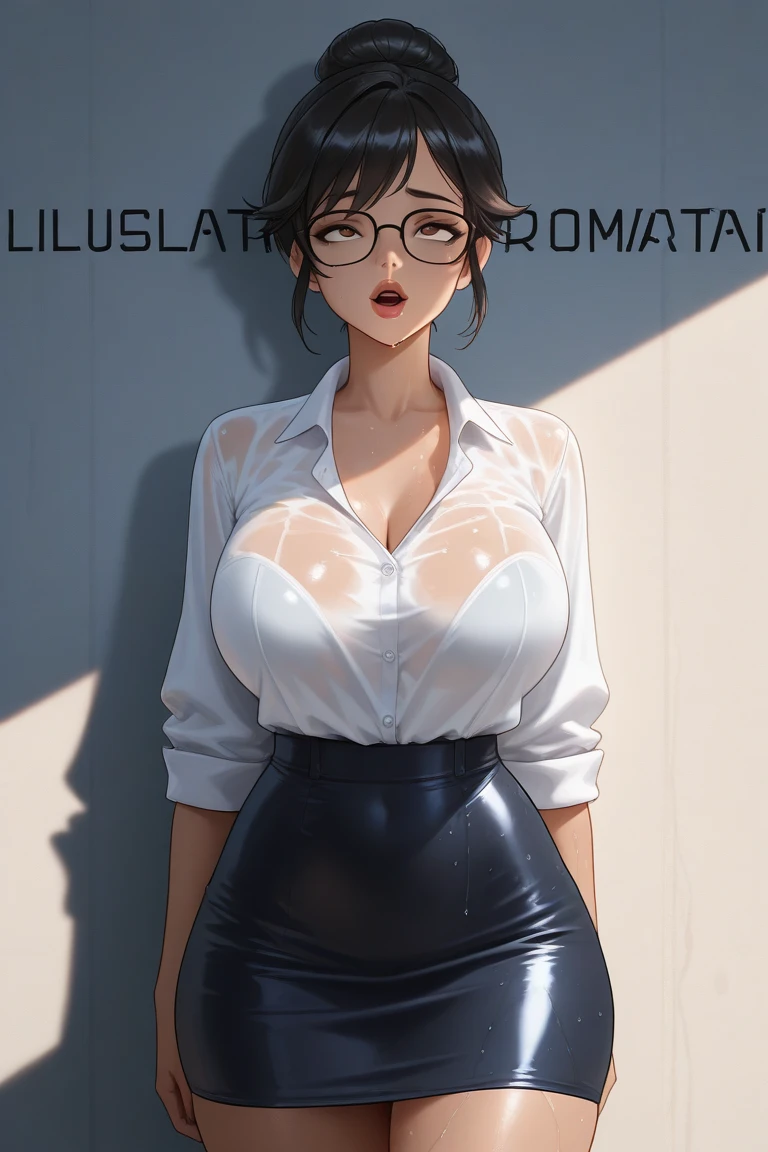 Cute girl, glasses, business suit, (photoPractical:1.4), (masterpiece, Side Light, Delicate and beautiful eyes: 1.2), Dynamic poses, masterpiece*portrait, Practical, 3D Face, Glowing eyes, Shiny black hair, Glowing skin, Solitary, (diaphragm), Extra long curly hair, Smile, From the blow, (masterpiece), best quality, from below, necklace, earrings,Full breasts, (Large Breasts:1.7), Cleavage, in the streets