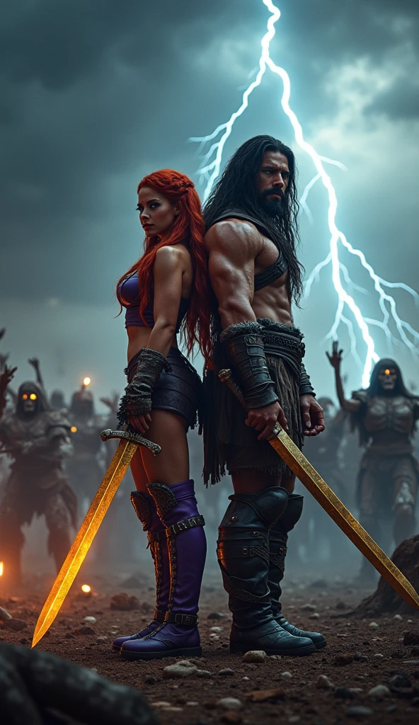 Illustration for a poster to promote a heavy metal concert, with two barbarian warriors with black hair and an Amazon warrior with purple hair between the two warriors, with fire behind them, in the style of 80's comic books, wearing armor, in the dimensions used for Instagram posts, with the event title The Alliance of Metal with the font in metallic gray with black shadows, in the middle of the poster