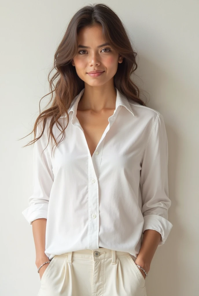 beautiful brazilian woman,  standing straight facing forward,with white t-shirt, denim jeans pants, on a greyish background, cotton t-shirt texture, fitted t-shirt, round neck, striped tights. Medium camera shot.