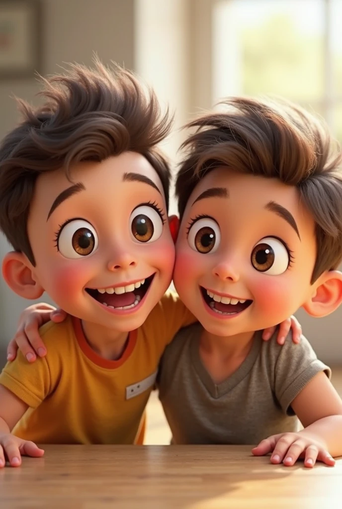 Image type: Pixar cartoon of a boy, short brown hair, big cage eyes, Expression of a happy and friendly child. The boy is standing in front of a mirror with a sad face and sees his reflection very thin and weak.