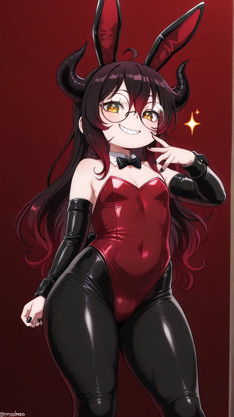 detailed digital art, slim girl, hair is in two pigtails, medium sized breast, mini skirt,slightly visible panty ((Red Black striped)), high kneesocks, laying on her back, legs wide spread, lustful smirk, only underwear, black lipstick, black make up, glasses