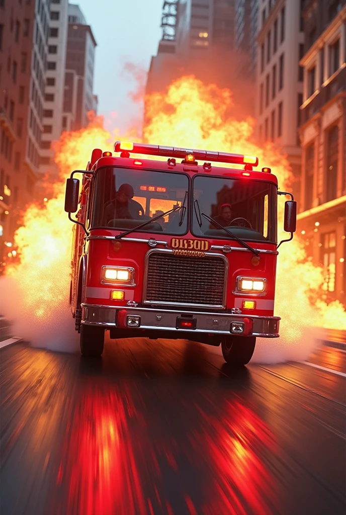 firefighter with axe in hand, next to fire truck