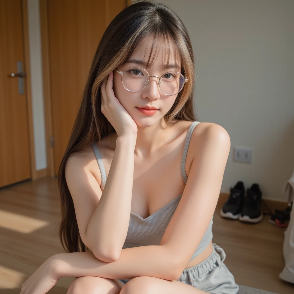 (Best quality, masterpiece, detailed), (RAW, 4k, hd images), 1 girl, 17 years old, white skin, long hair, ponytail, layers hair, bangs, black hair, beautiful girl, cute girl, sweet girl, pretty girl, perfect girl, perfect body, pretty eyes, blue eyes, thin lips, (eye line, lip soft), perfect round breast, glasses, wayfare, simple background, smile, waist, hips, strap tanktop, short pants, half body, high angle camera, cleavage, lying on bed