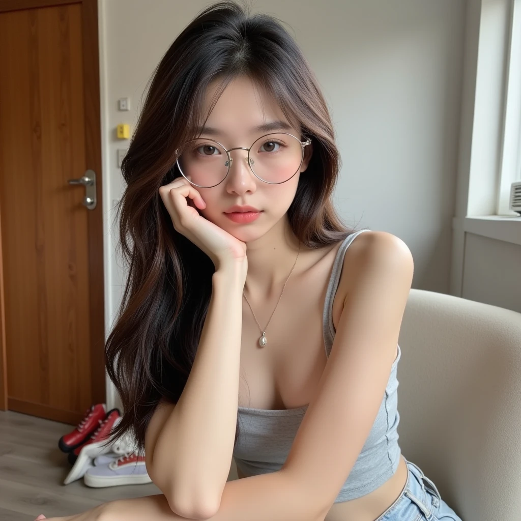 girl, the appearance of long straight hair is brown,dark brown eye,Oval, with slightly prominent cheekbones and a small, straight nose, plump, pink lips,wear glasses,Specifically Korean Asian characteristics,white tank top, gray shorts that is not too short and sitting on a gamer chair in front of a computer, Big chest, thin V-shaped waist, wide hips, thick thighs, big butt,white wallpaper with anime decorations; doll, they will be on a shelf