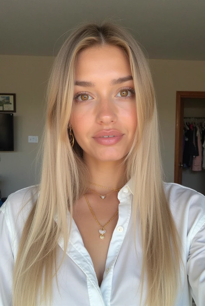 une femme blonde de 23 ans, Photorealism, Blonde Hair with Light Brown Roots, cheveux blond, Cheveux avec des racines brunes, Very long hair, yeux bleus, belle femme, vue de face, Gros plan sur le visage, Elegant white shirt, short noir moderne, high quality, selfie