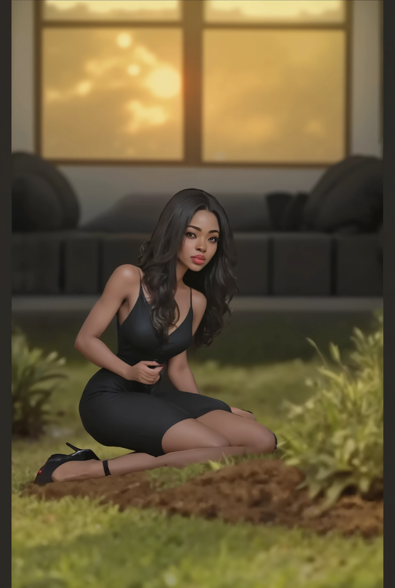 A sad married woman crying with tears rolling down her faces, she is a black woman on her knees in the grass in front of her home at sunset, in a elegant spaghetti strip black dress with no sleeves, she is wearing black with red trim elegant high heels stiletto pumps, she have her hair down in waves with a middle part, her eyes are brown, juicy plump lips with red lipstick.