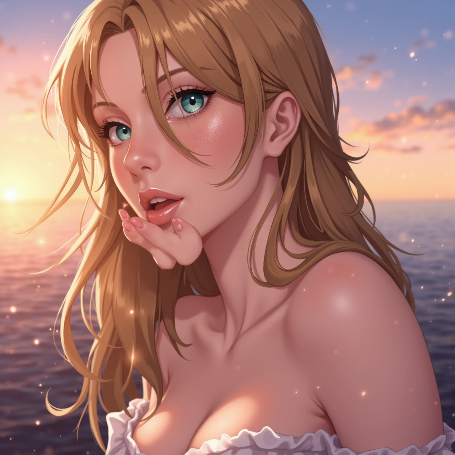 nsfw:1.6, Top quality, masterpiece, ultra high resolution, , (top quality, high resolution, 4K, detailed lighting, shaders, perfect anatomy, perfect proportions), eye of the beholder, (masterpiece, top quality) (top quality, 4K, 8K, high resolution, masterpiece: 1.2), highly detailed, (masterpiece: 1.3, top quality, ultra high resolution, ultra detailed), (top quality: 1.2), perfect eyes, perfect face, perfect lighting, (top quality, 4K, 8K, high resolution, masterpiece: 1.2), highly detailed, (top quality, 4K, 8K, high resolution, masterpiece: 1.5), highly detailed, masterpiece, top quality, ultra detailed, top quality, high resolution, 32K CG, very delicate and beautiful, illustration, high resolution, sharp focus, front lighting, glow, girl 1 person, solo, smiling, very beautiful and detailed anime face, very detailed eyes, ((masterpiece)), ((best quality)), (super detailed), ((cute)), cute, ((very detailed)), 4K, (8K), best quality, (best quality, 8K, 32k, masterpiece, super high resolution, very detailed, impressionistic:1.2), blurred background, four fingers and 1 thumb, Best quality ,
((Silent dark night)). A breathtakingly beautiful Milky Way. A girl alone on the beach. The water's edge. Calm, still water. Low lighting. ((Relaxed)). (((Blonde))). Ponytail with a red ribbon. Beautiful blue-green eyes. Pink lips. (Big boobs). Full breasts. Well-developed breasts. Well-shaped breasts. Slim waist. Perfect proportions. Slender body. Well-proportioned body. Small pink nipples. Thin hair. (((Hair in an evening braid))). (((Bangs swept to the side, exposing her forehead))). Wet hair. White bikini. (((Topless))). Smiling. Eyes wide open. Mouth open in surprise. (Face looking straight up). Moved by the beautiful sky. Blushing face. White choker. Earrings. Necklace. Bracelet. Anklet. Barefoot. (Bust up). From the side. Profile.