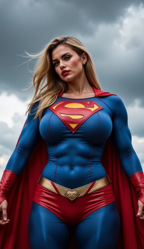 ((Beautiful woman wearing a sexy Supergirl costume, blonde and blond hair, blue eyes, underwear super cyberpunk costume ,An apocalyptic city of fire, showing flat stomach, Red mini skirt, beautiful fine hands, fringe, blue eyes, very detailed eyes, sexy body, large and round breasts, hard breasts, translucent stuff)), whole body, large and round breasts, unreal engine:1.4, detailed background, CG K Ultrarealistic, photorealistic:1.4, skin texture:1.4, masterpiece:1.4, 8K more detailed.unreal engine:1.4, HD, La Best Quality:1.4, photorealistic:1.4, skin texture:1.4, masterpiece:1.8,masterpiece, Best Quality,object object], (detailed facial features:1.3), (Apocalyptic sunset:1.4), (Rainy blue lightning background:1.4), (NSFW:1.2)