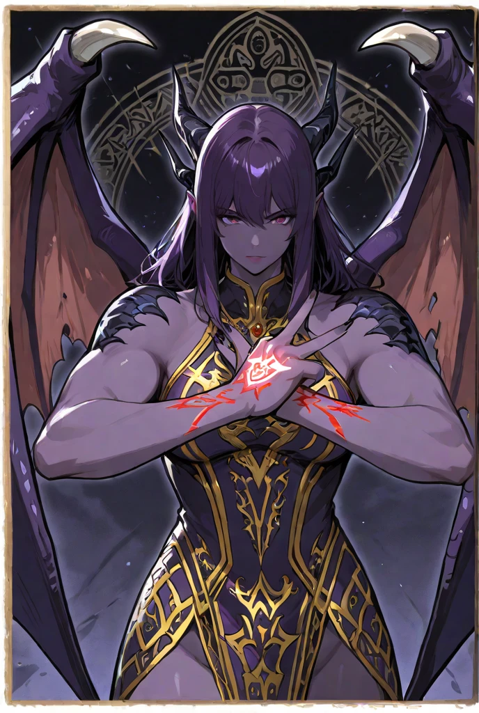 1girl, monster girl, purple hair, absurdly long hair, purple eyes, snake hair, claws, scales, white clothes, revealing clothes, big large breasts, pelvic curtain, wings, score_9, score_8_up, score_7_up, score_6_up, score_5_up, score_4_up, (m-da s-tarou:0), masterpiece, close-up, night sky, post-apocalypse, crumbling city on background, late night, moon, dark alleyway, detailed face, despising face, upper-body,