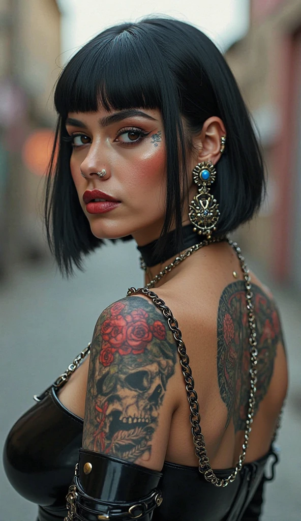 skinny girl, very light brown skin, brown dark eyes, Short black hair that falls to the jawline with some marsala highlights, with tattoos