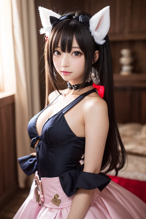 Photorealistic, high resolution, A Japanese Maid named Kimmi, solo, heavy makeup, Hips up, (standing) (Detailed face), Black hair, Long hair, red and white corset, white lace Panties , red micro skirt, fishnet Stockings. Fully clothed.