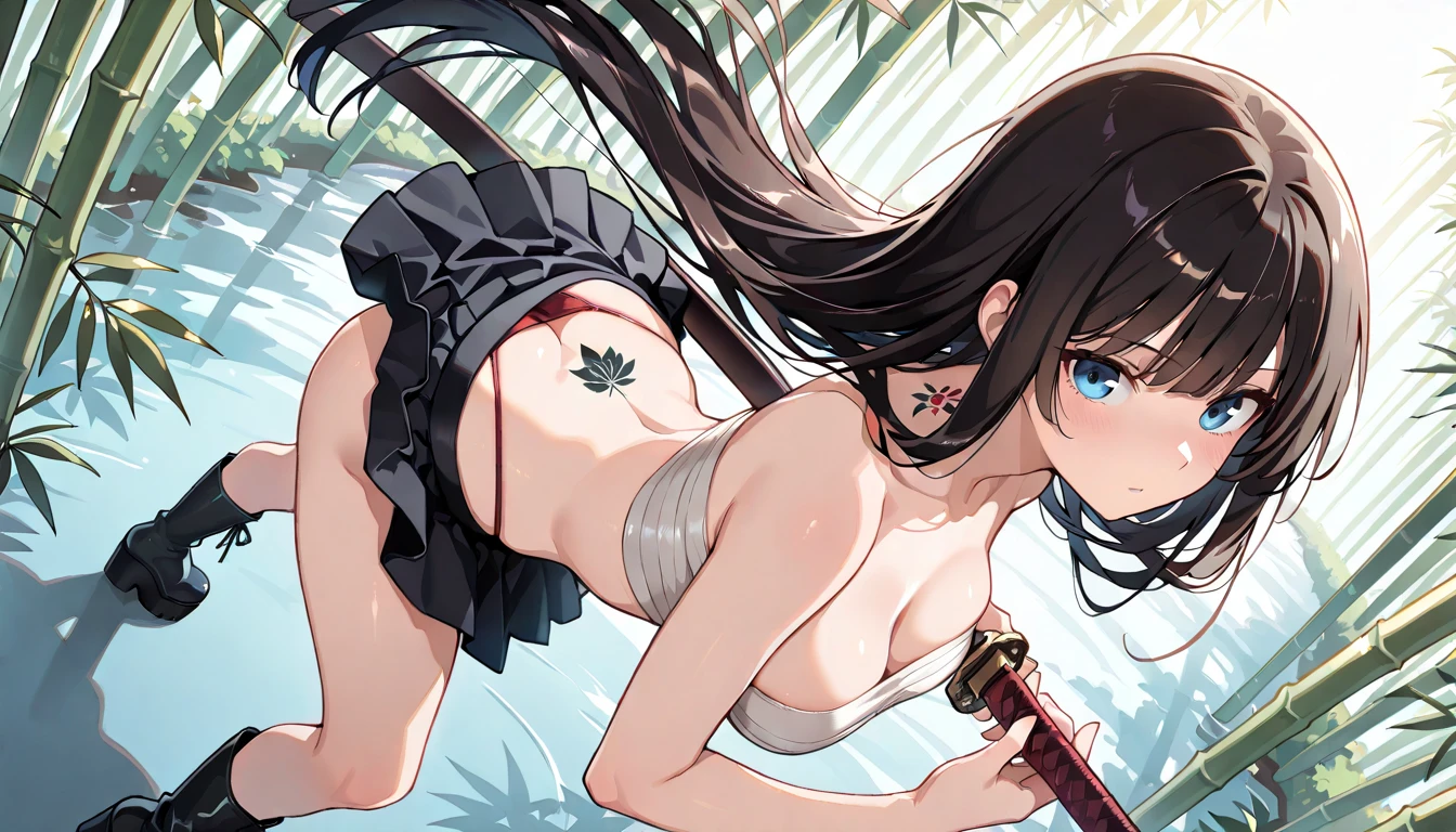 ((blood droplets)), ((blood)), ((blood splatter)), ((blood stain)), Masterpiece, Beautiful art, professional artist, 8k, shy expression, very detailed face,1 girl, completely naked, view from behind, perfect ass, standing, BIG BREASTS, perfectly drawn naked body, pale skin, shy expression, beautiful face, long black hair, 4k eyes, very detailed eyes, pink cheeks, choker:1.6, holds an ax with his right hand, Sensual Lips, show details in the eyes, dark forest, Atmosphere, fog, At night
