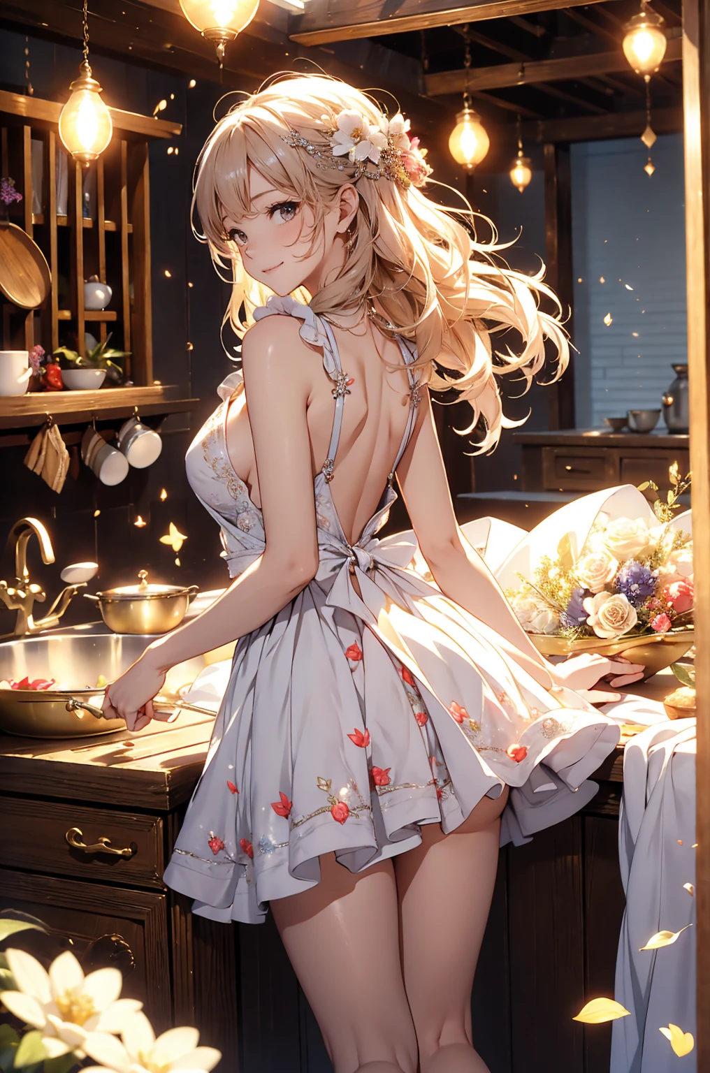 Absurd, Super detailedな,(In 8K:1.3),Masseter muscle area,(masterpiece:1.2)、(Highest quality)、4K、Super detailed、(Movement Structure:1.4)、(Shining Lights、Atmosphere lighting), High resolution, Best Quality、(One girl:1.4),Super detailedな,Bright colors、Treebreak Production Art、(Warm color light source:1.2),High-level image quality、Fine image quality、Intricate details,Volumetric Lighting,Realism BREAK、Profile、 Idol face、、Very beautiful face and eyes, Beautiful images、natural make up、 big eyes, (Big Tits:1.4)、(curvy body:1.2)、(glossy skin :1.5)、(Baby Face:1.5)、 (Candlelit bathroom:1.4) 、(blonde hair,blunt bangs,medium hair)、 (black、detailed clothes features、lingerie:1.4)、(stockings)、 (shy, embarrassed:1.2)、(kneeling:1.2),(from behind:1.2)、nice butt