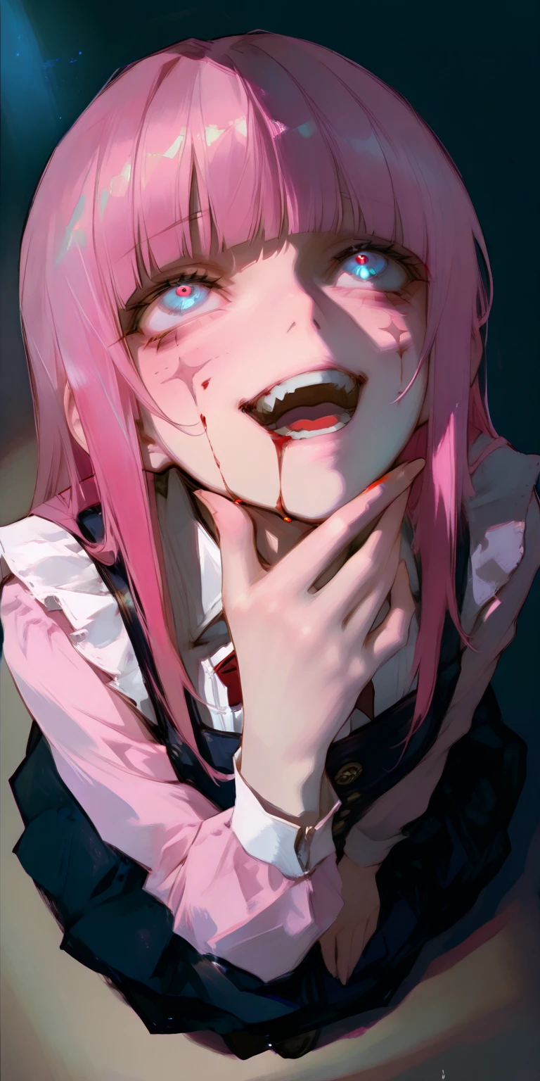 1 girl in chainsaw man style, long hair, light pink hair,blue hair tips, light blue eyes (detailded), Grinning (dentes pontudos),(bloodstains),white blouse with a black tie, black backdrop