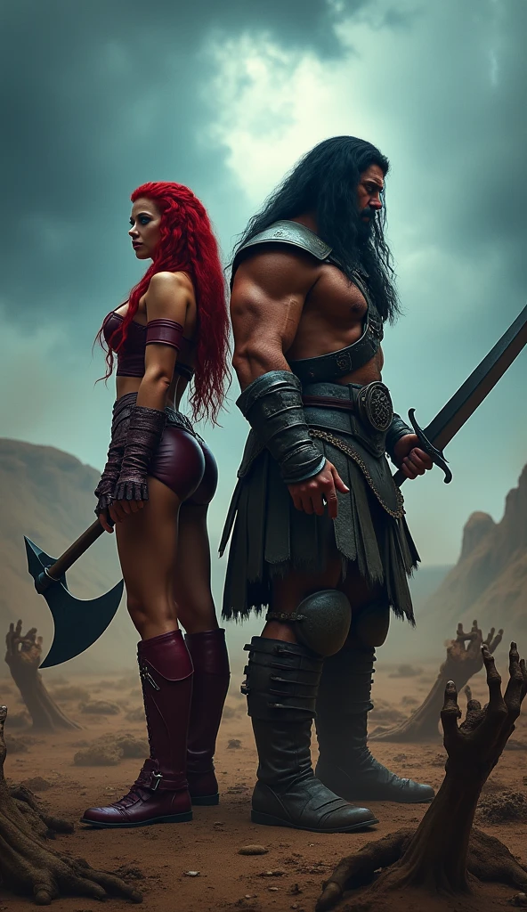 male 2, Cao Cao , viking style ragnar lodbrok muscular body using a viking weapon, next to him a red-haired woman with a Viking hairstyle,peasant.
They are on a Viking ship