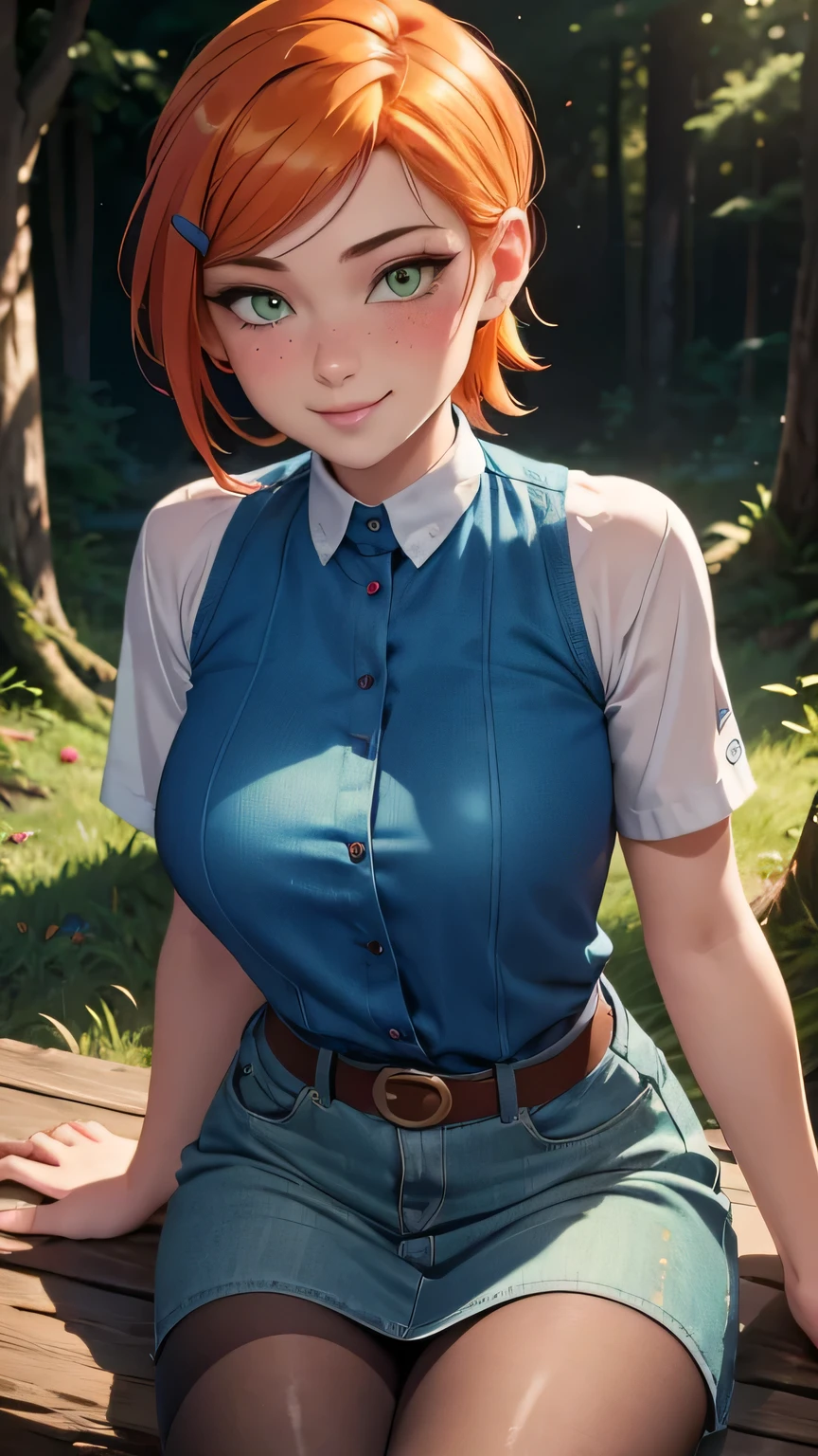 Gwen tennyson,(best qualityer,4K,8k,high resolution,work of art:1.2)(weather: sunset), forest camping background, freckles, denim vest, black shirt, striped sleeves, denim mini skirt, pantyhose, belt, boots, short curly hair, ginger hair, ultra detailed,realisitic,portraite,beautiful detailed green eyes, glowing eyes,blush,beautiful detailed lips,extremely detailed eye and face, long eyelashes,sexly,average, medium breasts,beaming smile, flirty smile,powerful girl, sexy pose, stunning curves,bright coloured,dramatic lighting,