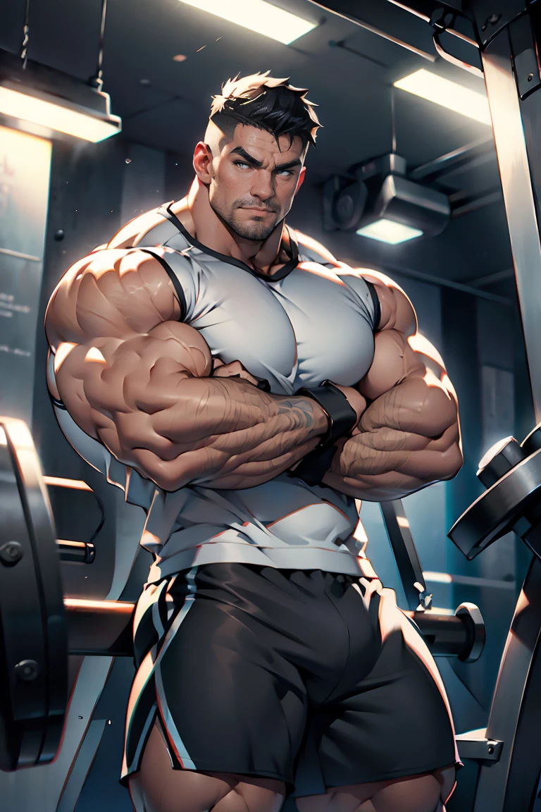 Ultra muscular pecs gym hunk moustache man, A cool guy who is big and has cum coming out from under his clothes, tight shirt flexing, aestheticly proportional body, and cool pose, massive pecs