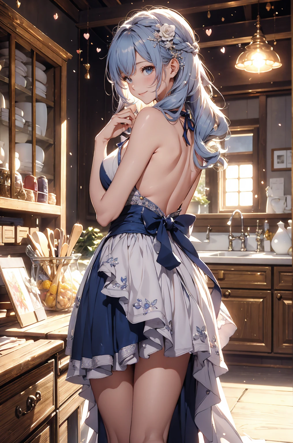 highly detailed, 8k, masterpiece, One person, Blue frills_hair_tube, dress, bend_that&#39;s all , Grin, (perfection_face), Sitting, machine, Brilliant, Complex, Dramatic lighting, 4K, detailed_background, Caustics, full_body, (Surreal:1.3), bloom,(Beautiful lighting:1.3), Caustics, Dynamic Lighting, Beautiful lighting,  