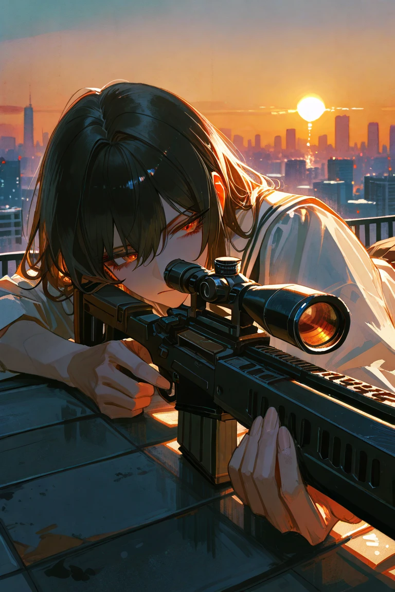 점수_9, 점수_8_위로, 점수_7_위로, Solo, Watercolor, (master piece), handsome, best quality, impasto, perfect face, adult female, full-body portraits, overwhelming, A wide,A sniper lying prone on a rooftop, fully focused through the scope of their rifle, the other aligned with the scope, Their body is flat against the ground, elbows supporting the rifle, and their finger is lightly resting on the trigger, ready to fire, The moment is tense and silent. The background shows a distant city skyline, slightly blurred, Warm sunset light adds cinematic shadows and depth, Realistic, highly detailed, with dramatic lighting and a gritty atmosphere, (high detail)