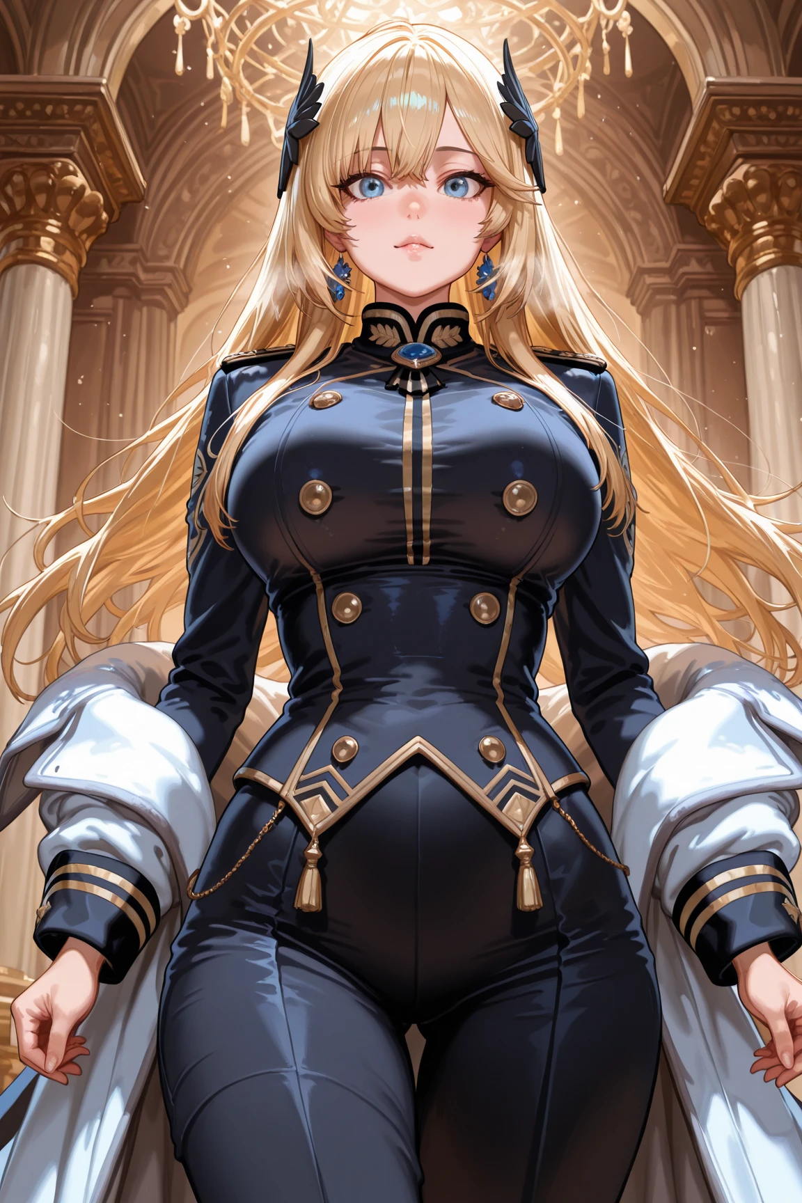 score_9, score_8_up, score_7_up, score_6_up, source_anime, source_hentai, uncensored, kagami hirotaka, highly detailed, 1girl, artoria pendragon standing with one hand on hip, long hair, blonde hair, yellow eyes, glowing eyes, sidelocks, ponytail, military uniform, blue long skirt, side slit, white cape, black gloves, (large breasts:1.2), thighhighs, cowboy shot, looking at viewer, spacecraft, window, space, <lora:titoria:1> <lora:IgawaAsagiXL:1>