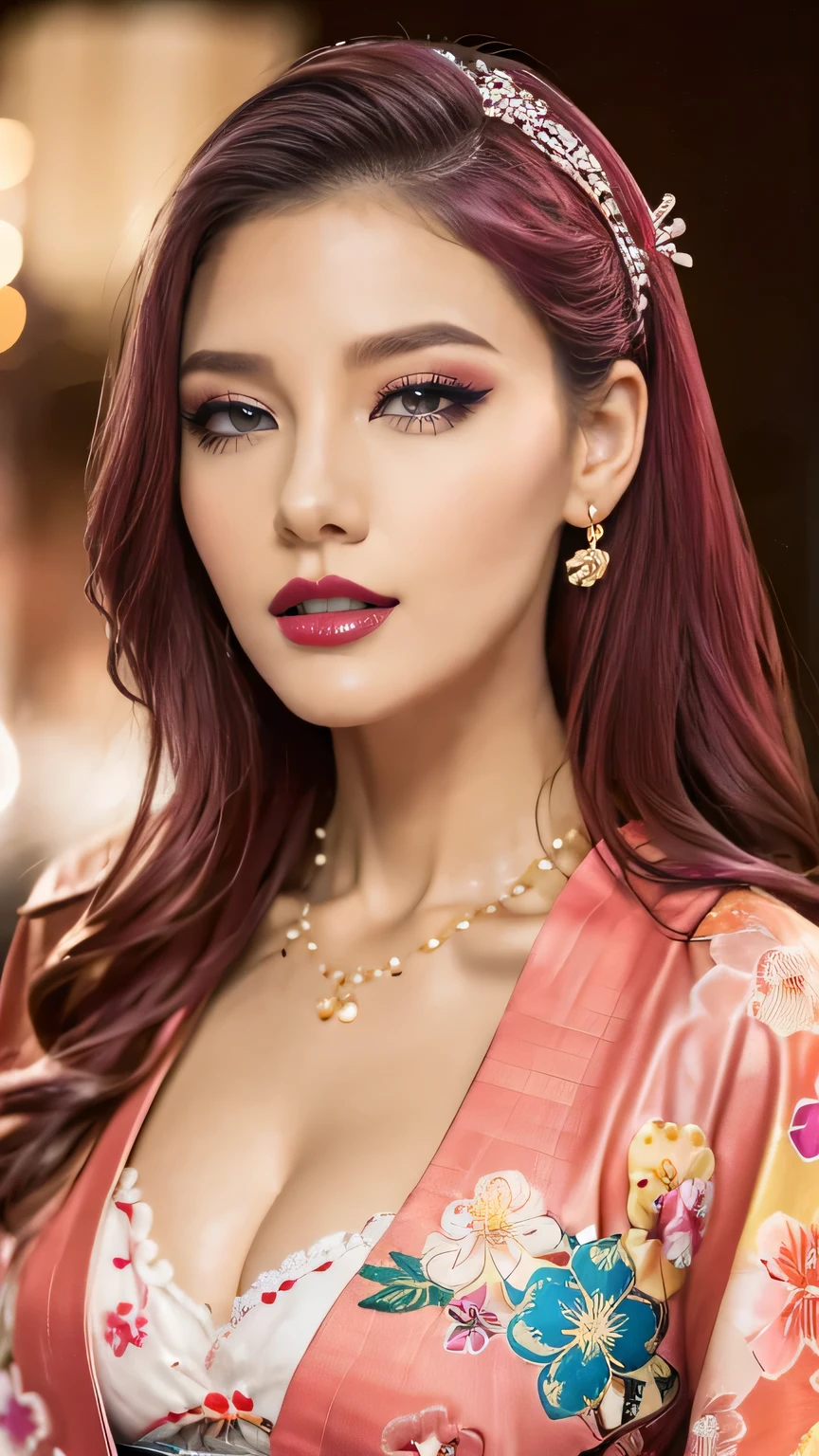 ultra realistic girl, orange and pink ombre background, closeup, lip-gloss, long lashes, lipstick, defined eyebrows, ultra detailed metallic eye-makeup, halloween, goth, gyaru, purple flowing hair, garter belt, cute lack lace underwear, sweet and sexy, seductive pose, smile