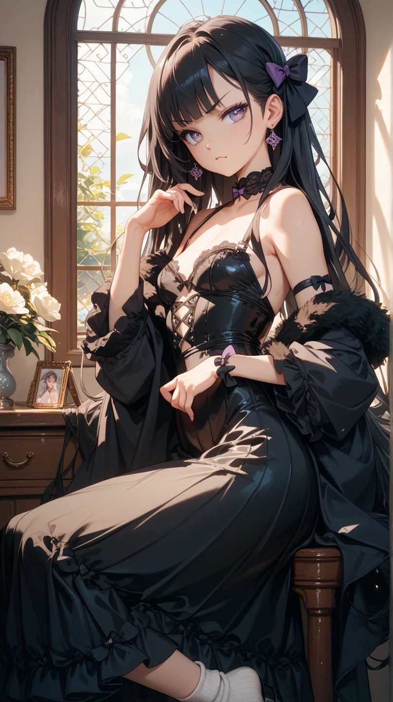 ((Biologically correct limb count))、(( From head to toe、Full-body photo including face))、4K、((Standing position))、masterpiece、((Focus on the face))、((Symmetrical facial features))、Eyes with detailed description、Beautiful woman、Great style、Beautiful arms、Beautiful legs、Beautiful Hands、(Small Ass、Thin thighs)、Facial detailing、Small earrings、necklace、(Black Shiny Gothic Dress、((High heels、Black Stockings)))、Black Hair、Looking up、Sitting on a chair eating a parfait、Close-up photo of the upper body