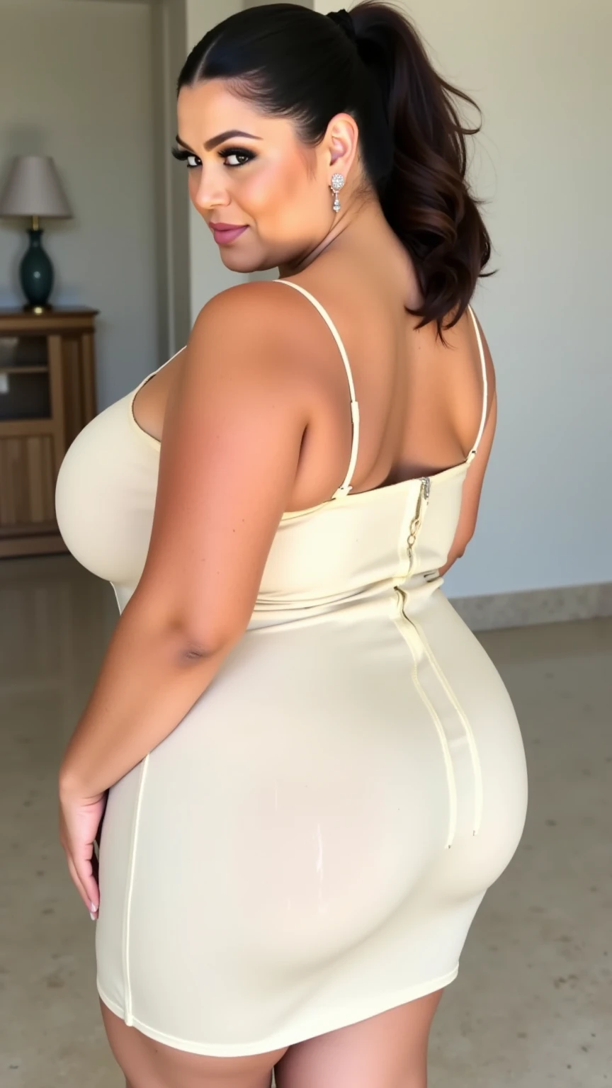 full body shot of a beautiful milf, wearing sexy cream color nightwear see through body curvy, standing on front door ,face to photo , yellow light shooting from out side room,(black hair, gorgeous figure), back view see on the mirror