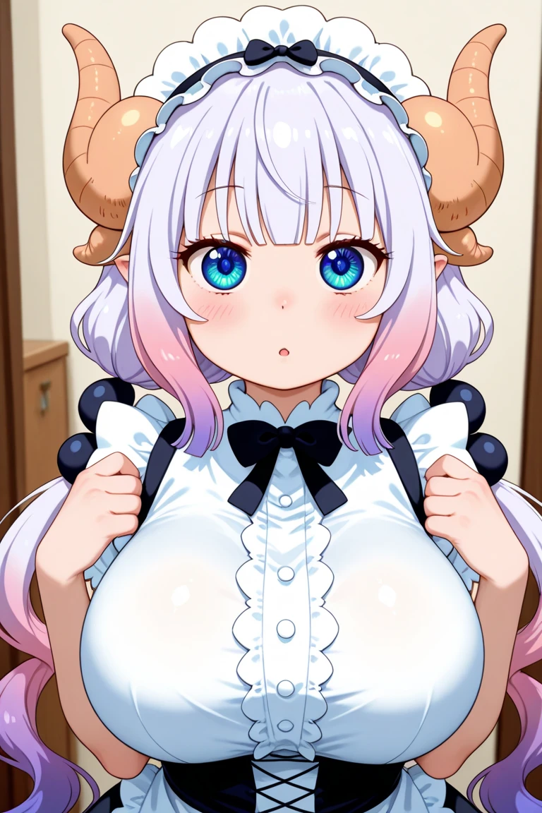 A masterpiece of a mature woman with big breasts, dressed in a pastel pink Japanese maid cafe outfit, with studio lights and beautiful shading, featuring kawaii elements like cow ears and pastel pink spots on ears, cute pastel colors, pastel blue rainbow hair with highlights, decorated with hairclips, ornaments, stars, hearts, and a cowbell. The image should have ultra detailed and best quality, with cinematic lighting and an adorable, decora style with many accessories.