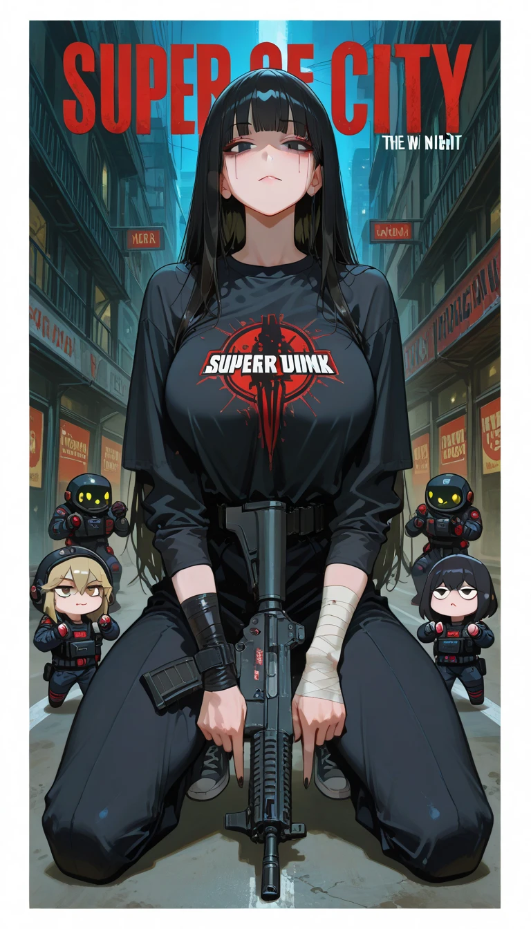 (((best quality))), (((ultra detailed))), (((masterpiece))),(((comic book))), sexy Slim teen, girl, small young body, long red hair, black hairband, black choker, medium Breasts hanging, black corset strapless tight fitting, black sexy Tiny mini Skirt, black platform high heels sandals, action, dynamic, speech bubbles, pow, bang