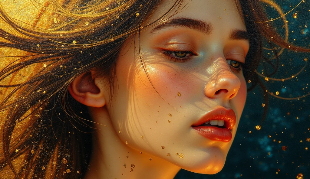 A vivid expressionist portrait of a woman with windswept hair, adorned with intricate golden filigree that extends into her hair, surrounded by golden dust particles. Close-up. Vibrant oil painting style with thick, textured brushstrokes. Soft, ethereal light dancing across her serene features, with warm golden undertones. Shimmering golden filigree details, hyper-realistic reflections, and delicate, swirling hair strands. Luminous glow on her skin, contrasting with the dark, richly colored background. Best quality, highly detailed, incredibly realistic. Van Gogh, Klimt, Gustav Klimt's golden period, symbolic, mystical, dreamlike, dynamic composition, painterly texture, rich colors, expressive brushst gouache detailed painting