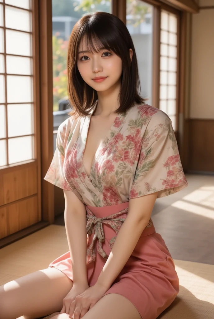 nsfw,top-quality、Face Focus、softlight、(depth of fields)、超A high resolution、(Photorealsitic:1.4)、RAW Photography、(portlate:1.4)、(from the front side) 1 Japan girls、独奏、cute little、(full of shyness、a smile: 1.1)、(brown-eyed)、detailed beautiful faces、(short-hair)、traditional Japanese room (Off-the-shoulder kimono:1.4)