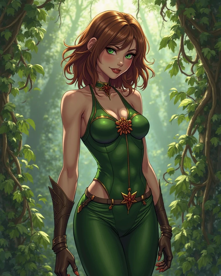 gorgeous tomboy duidess, clothes made of leaves, ivy, poison, vines, dandelions, dark red hair, black hair, pixie cut