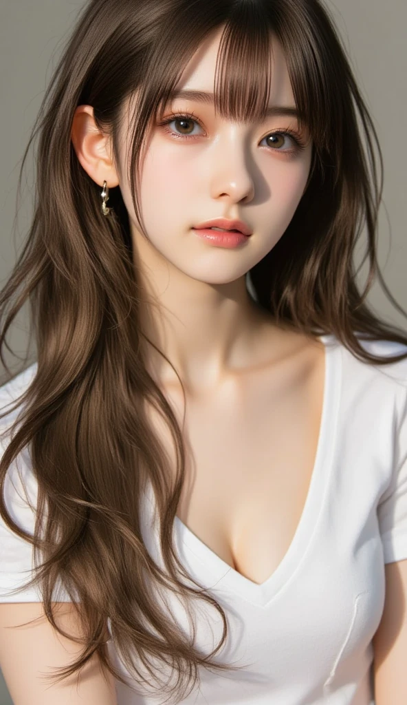 Best quality at best，tmasterpiece，（fidelity：1.2），1 girl，brown  hair，with brown eye，frontage，A detailed face，beautidful eyes，（cropped shoulders：1.5），（cleavage：1.8）,whitet-shirt，Tong
