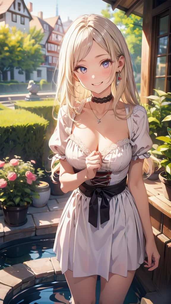 masterpiece, garden, blue sky, pale blonde, short hair, long eyelashes, green eyes, pink maid outfit, smile, ribbon in hair, gentle expression, headdress, [big breasts: 1.5], (breast augmentation: 1.5)