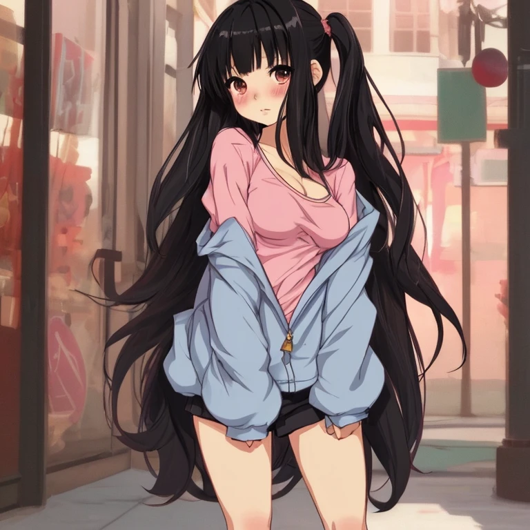 lacus4, (20-year-old woman, solo, slender figure, black hair, red eyes, black hoodie, white polo shirt underneath, dark jeans), (masterpiece, standing, arms crossed, 4K, Best Quality, Anime style: 1.9, mature, (ultra detailed head), (urban alley, neon lights background), Drawing lines, high resolution, lacus4), 1girl, Solo, curvy figure, Long hair, (Detailed wide hair bangs, Hair Ornament, Black hair), (revealing chest, bare shoulders), (Big brown eyes, glossy eyes), (( urban, modern), ((slim body,