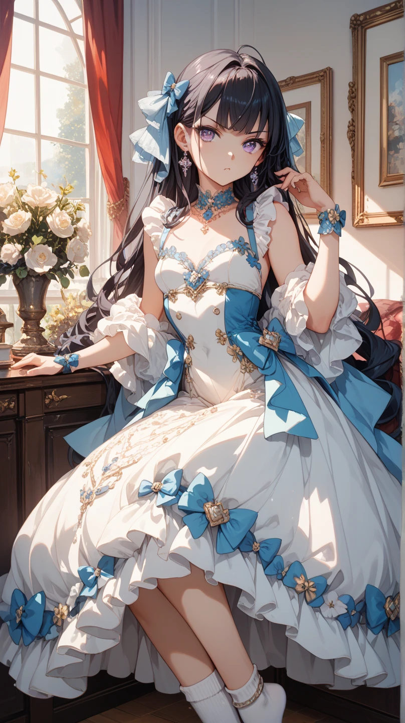 (((Super gorgeous and beautiful dress is a Rococo Victorian dress，Designed with a bustle and long hem))), (Single Ladies :1.2:Beautiful lower breasts:1.2), (Expressive hair:1.1:Thick and long hair:1.1), Bangs, (Cowboy shooting:1.1), (Super delicate face:1.3:masterpiece:1.3:Extremely detailed:1.3:Extremely delicate and beautiful:1.2:Unity 16K wallpaper:1.1), (Moe anime art style:1.1),Charm，