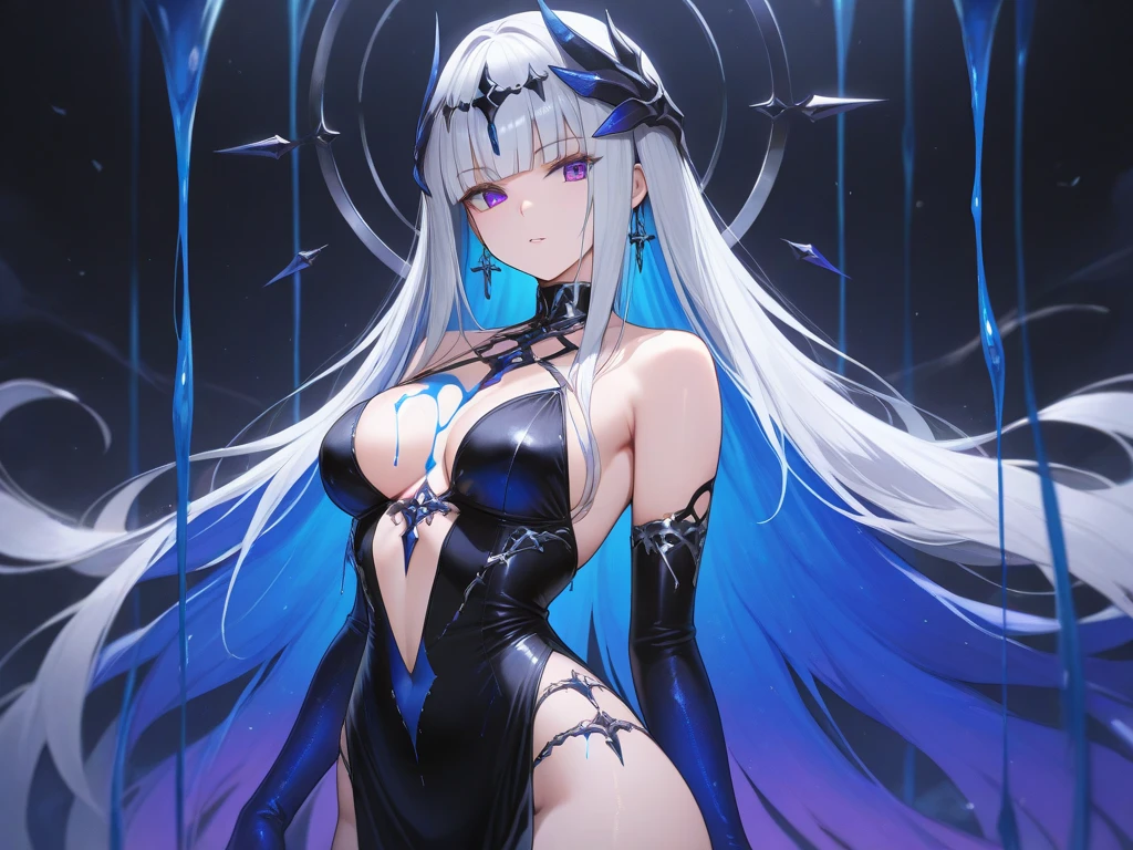 8K, Ultra High Definition, Super detailed, Shiny detailed hair, detailed face, fantasy landscape, solo, looking at viewer, {{best quality}}, {{masterpiece}}, {{ultra-detailed}}, {detailed light}, ultra high quality eyes, detailed eyes, perfect eyes, large eyes, detailed purple eyes, silver hair, long hair, twintail hair, beautiful, skinny body, white skin, slutty, erotic, suggestive, standing, in a sexy purple-metallic sequin party dress, ((nsfw))