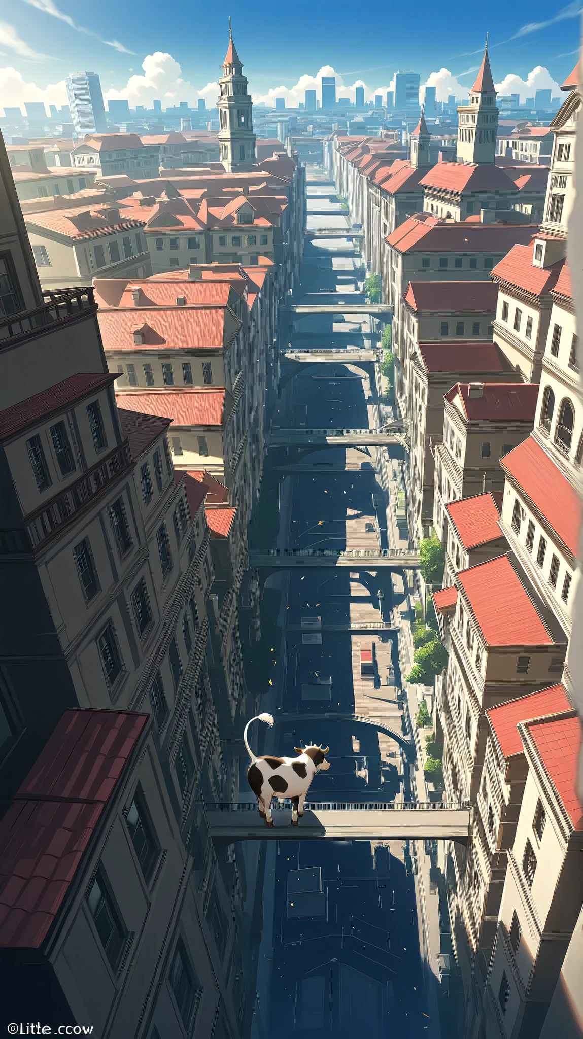 A little cow paragliding over a city with big buildings
