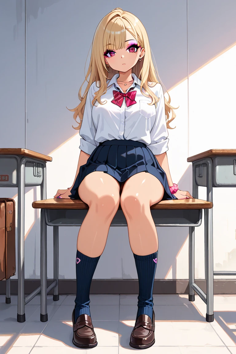 POV, (from below), indoor, classroom, light rays, glow, thighs, collarbone, (masterpiece), wallpaper, Marin Kitagawa, wide angle, 1girl, soaking wet, blush, makeup, smirking, provoking, good hand anatomy, sitting, panty, school uniform, removing shirt, skirt lifted