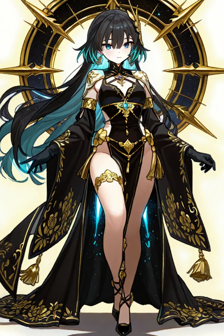 boa,hatsune miku,1girl,long hair,looking at viewer,large breasts,black hair,dress,cleavage,jewelry,standing,earrings,cape,hand on hip,epaulettes,skull,snake,masterpiece,royal background