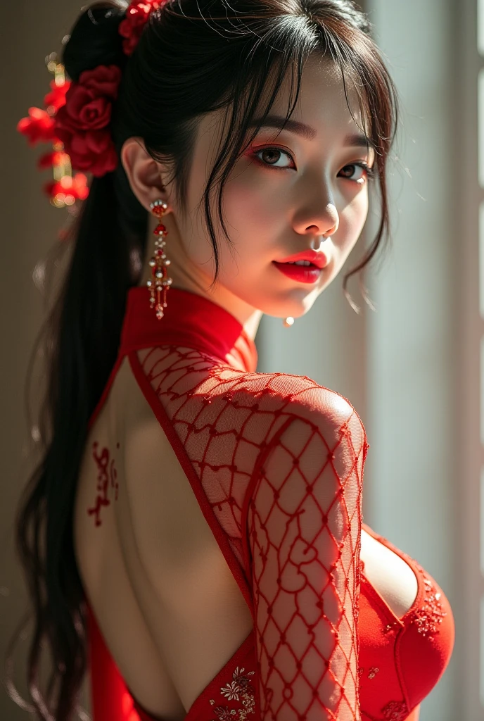 Japanese woman, Long red dress, Fan in hand, best qualityer, detail, details altos, longye hair, Bblack hair, hypdertailed, breasts big, aretes, blushful, blue colored eyes, Seriously, simple background, jewel, anime styling, アニメ, 