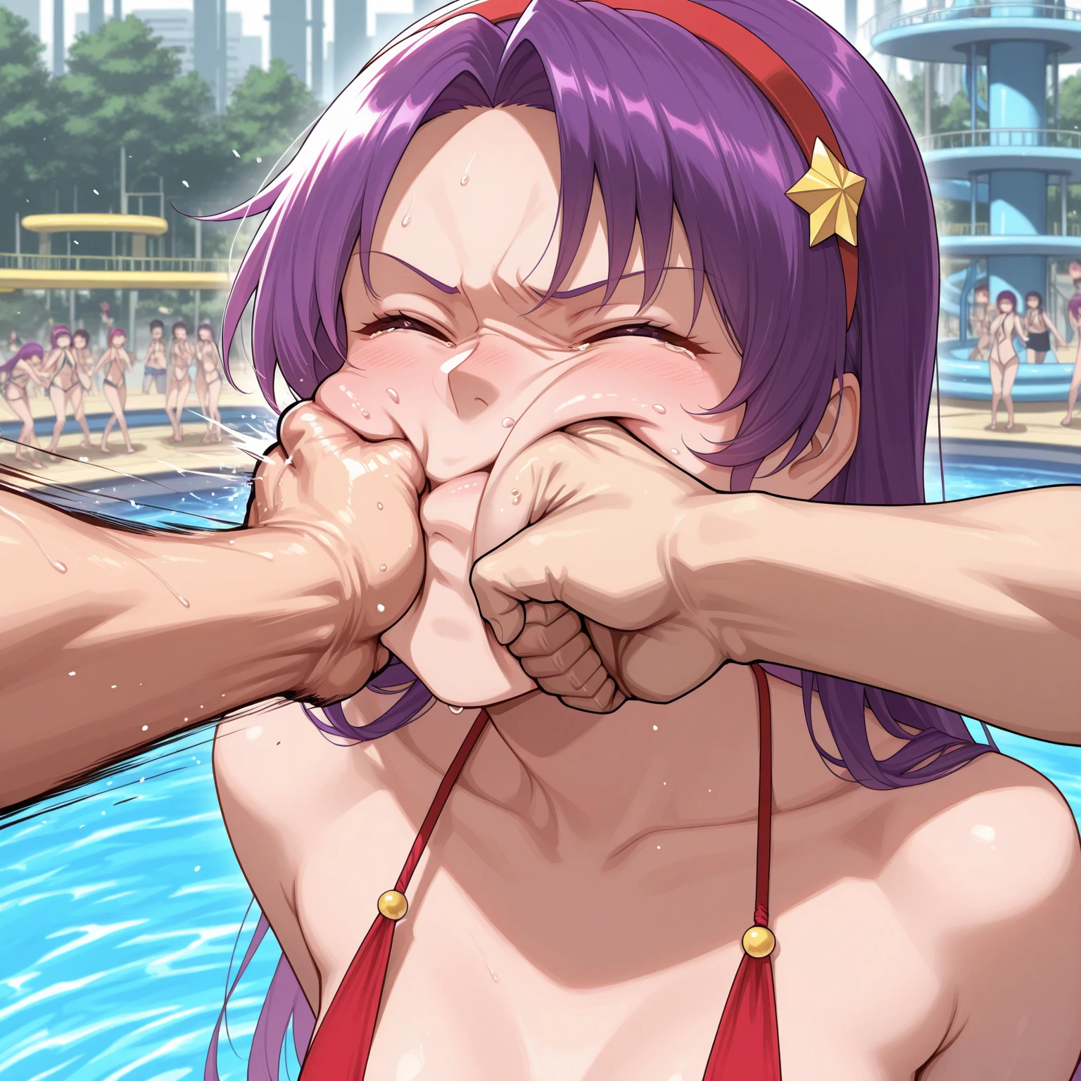 NSFW,masterpiece,Highest quality,High resolution,Super detailed,Sinon\(Sword Art Online\),(High quality sexy bikini), hair ornaments, Hair Clip,Embarrassed,expectant face,Estrus,sexual excitement,blush,(Ahegao),Indoor Pool,(Middle-aged men),(Having sex),Face to face,heart