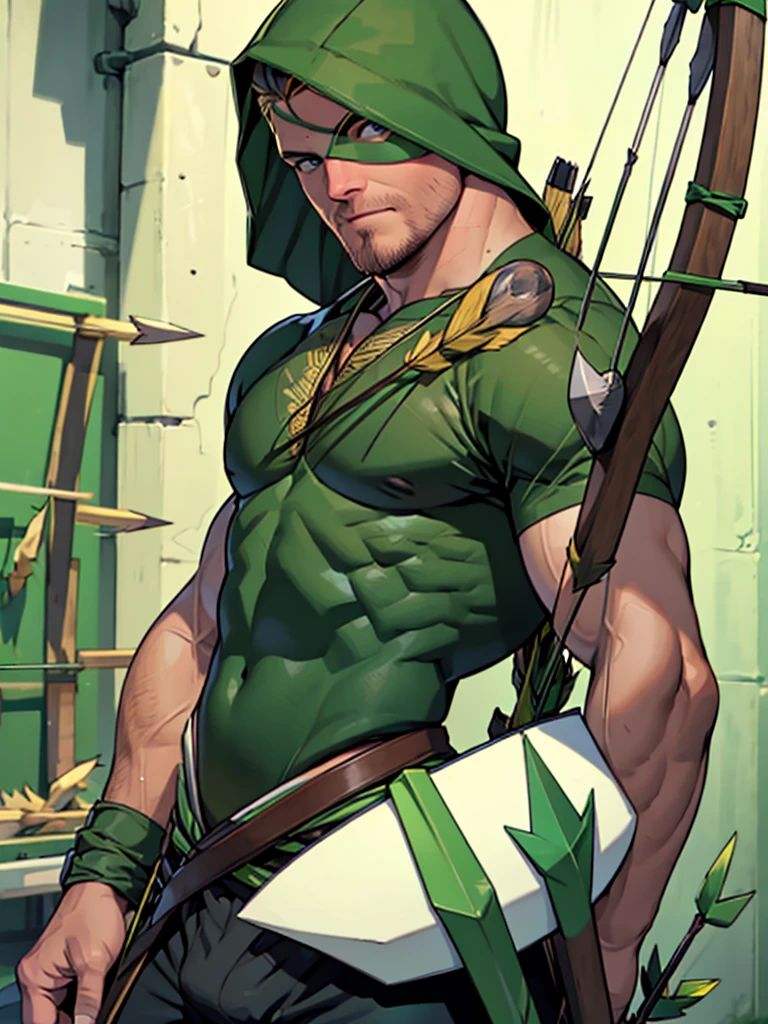 8k, high quality , detailed face , detailed fingers ,detailed muscles stephen amell as green arrow , wearing dark green outfit , showing a dark blond short hair , a thick facial hair , hard nipples, a bulge ,hunk and handsome, aiming with his bow and arrow toward the ennemy , with the quiver on his back full of arrows
