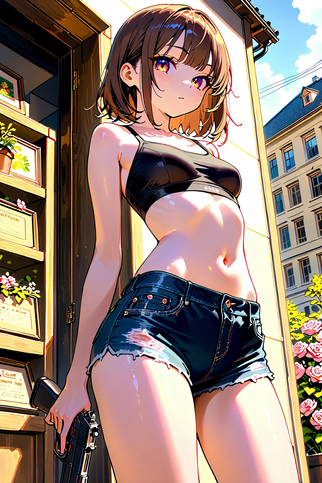 score_9, score_8_up, score_7_up, petra ral, 1girl, solo, short hair, brown hair, brown eyes, black bra, black panties wet,city,whole body,stand
